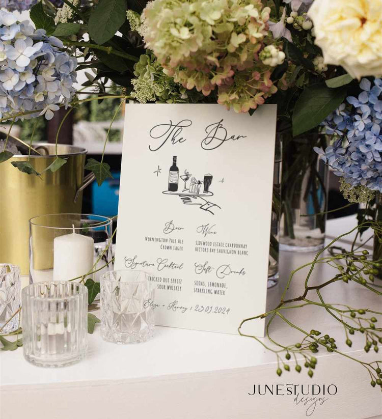 hand drawn wedding bar sign, modern french inspired, hand written bar sign digital template, editable, customizable bar sign, funky bar drinks illustration bar menu editable template