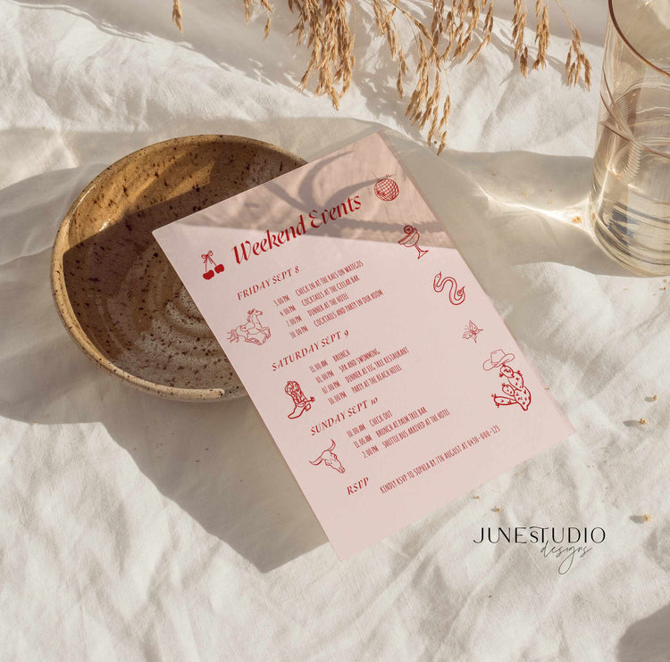 Hand Drawn Cowgirl Bachelorette Party digital template, Editable Itinerary Template - Whimsical Design, Girls Weekend itinerary