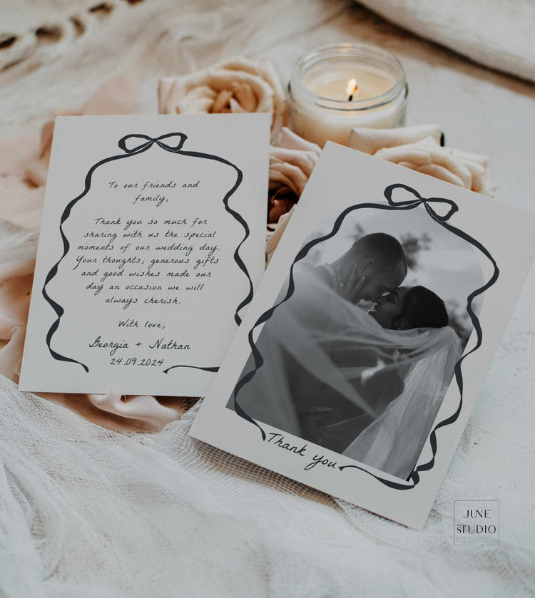 Hand drawn Bow Wedding Photo Thank You Card Template