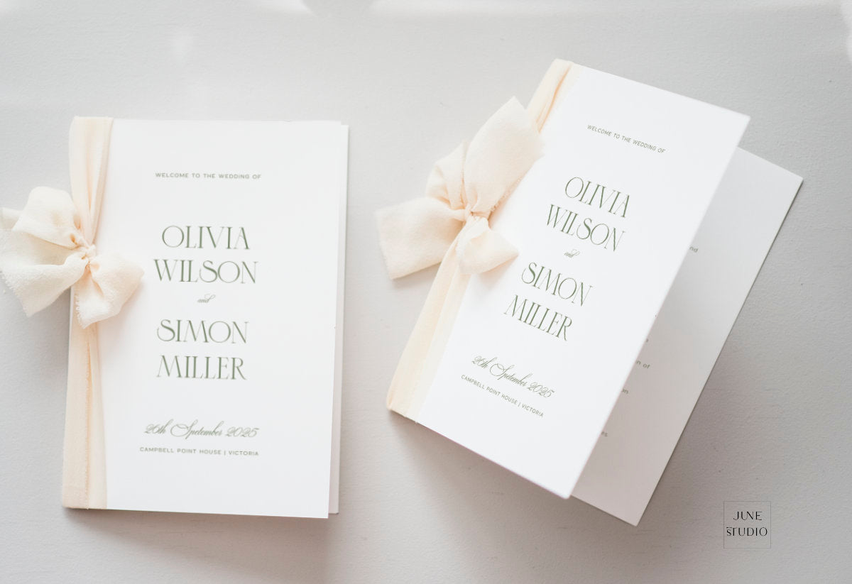 ribbon church wedding program booklet editable template with green texts on white card