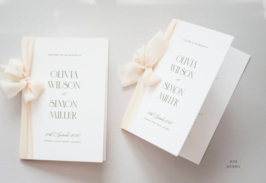 ribbon church wedding program booklet editable template with green texts on white card