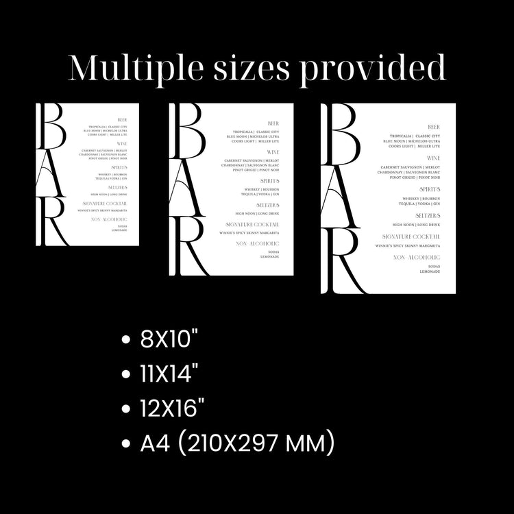 Chic Wedding Bar Menu Sign Template