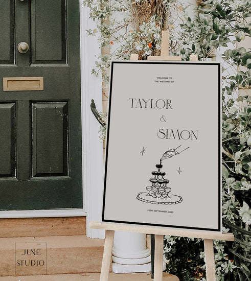champagne tower illustated wedding welcome sign, modern vintage inspired, 90's aesthetic, digital template, editable hand drawn champagne tower welcome sign, bespoke trendy