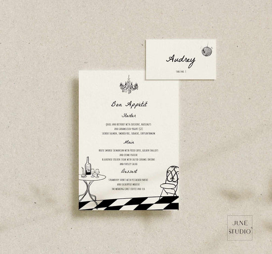 wedding dinner menu illustrated with hand written font and hand drawn illustration digital template, editable template printable, bespoke reception wedding stationery, hand drawn chandelier, disco ball