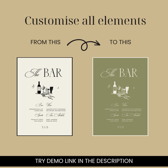 wedding bar menu illustrated sign template, digital template, old money aesthetic wedding, hand drawn bar drinks, signature drink wedding bar menu, modern luxe open bar sign